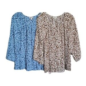 Lot of 2 Style Co Plus Sz 2X Leopard Animal Print Blue/Brown 3/4 Sleeves Top